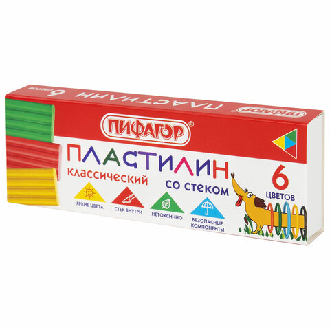 Пластилин классический 6 цветов, 'ПИФАГОР', Веселая такса, 90 г, СО СТЕКОМ, 106674