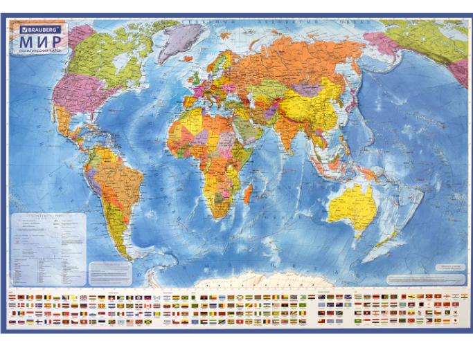 Карта мира политическая 101х70 см, с ламинацией, интерактивная, европодвес, BRAUBERG, 112381