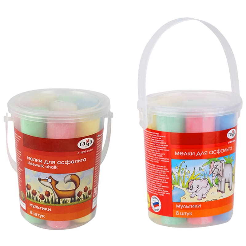 Мелки для асфальта Гамма 'Мультики', цветные, 8 шт, 5 цв, круглые, пластиковое ведро, 1704191