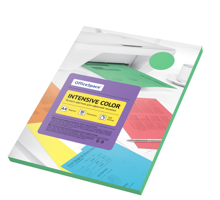 Бумага цветная OfficeSpace, Intensive Color, А4, 80г/м2, 100л., (зеленый), IC_38228