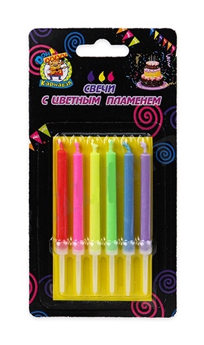 Свечи тортовые Миленд 'Цветное пламя', 6 шт., с подставками, картон уп., европодвес, С-5905