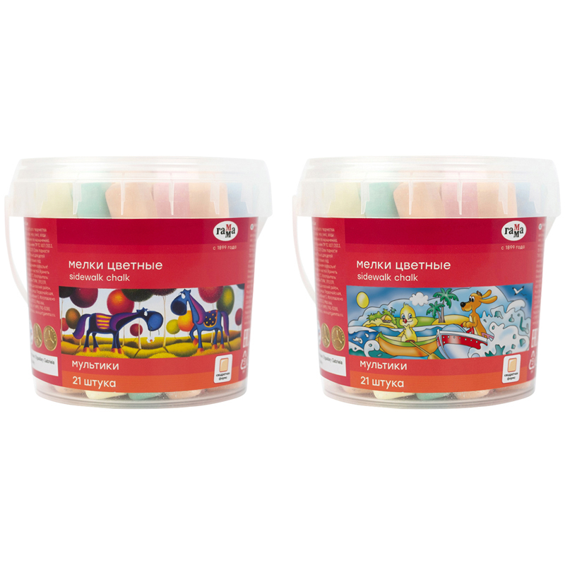 Мелки для асфальта Гамма 'Мультики', цветные, 21 шт, 7 цв, квадратные, пластиковое ведро, 1704195