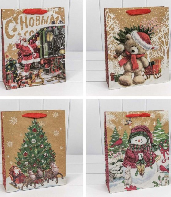 Пакет подарочный Крафт 'Новогодний' (микс) 26х32х10, 150г, 300367C