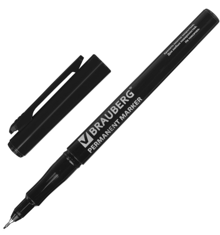Маркер перманентный BRAUBERG Super Slim, ЧЕРНЫЙ, тонкий металлический наконечник 0,8 мм, 151632