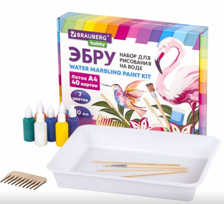 ЭБРУ набор для рисования на воде 7 цветов по 20 мл (40 картин), лоток А4, BRAUBERG HOBBY, 665354