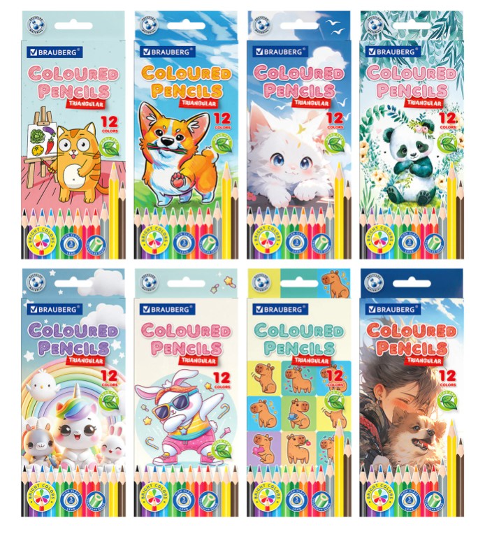 Карандаши цветные, 12 цветов, трехгранные, BRAUBERG, 182055