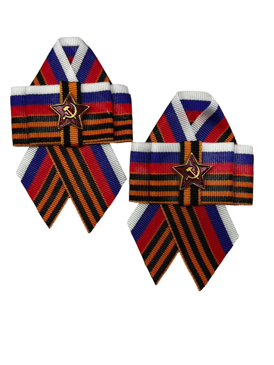 Значок Брошь-3D 'Лента со звездой' триколор и геогриевская лента, 10213