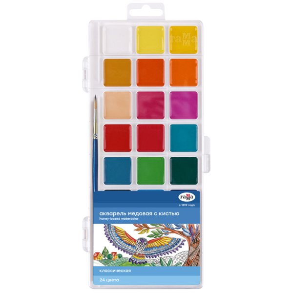 Акварель Гамма 'Классическая', медовая , 24 цвета , с кистью, пластик. упак, 1009203