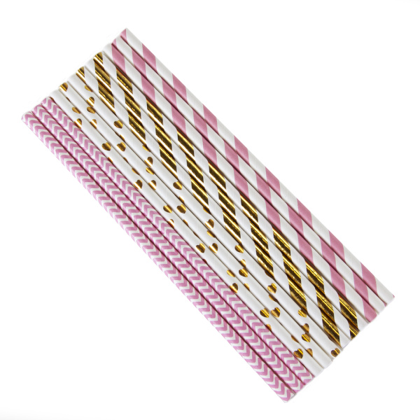 Трубочки для коктейлей, Розовый микс, Розовый;Белый;Золото, металлик, (12 шт;уп), 6231314