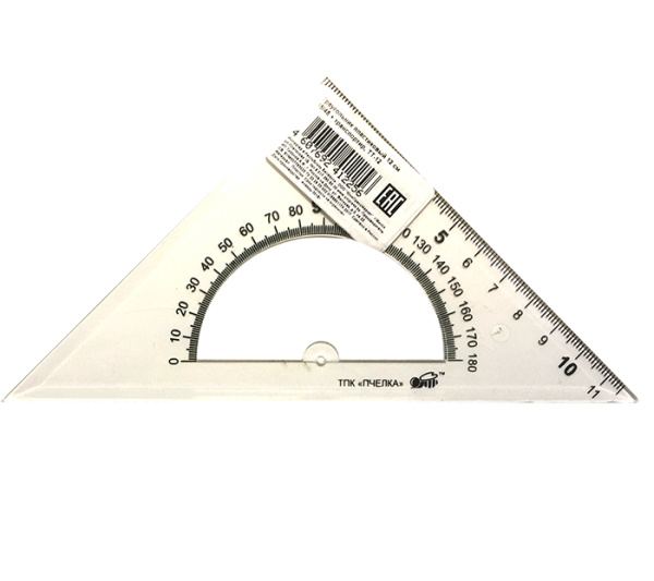 Треугольник пластиковый 12 см. 45;45 + транспортир Пчелка ТТ-12