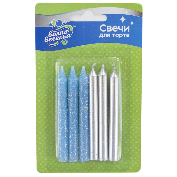 Свечи Серебро;Голубой, Металлик, с блестками, 0,8х8 см, 6 шт, 620186SB